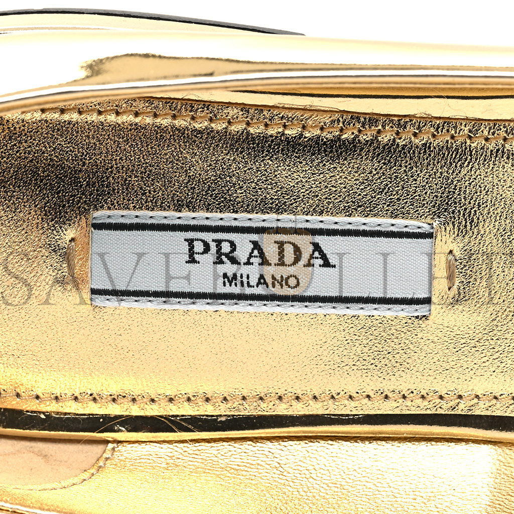 PRADA METALLIC CALFSKIN METAL TRIANGLE LOGO ANKLE STRAP BALLERINAS 36.5 PLATINO