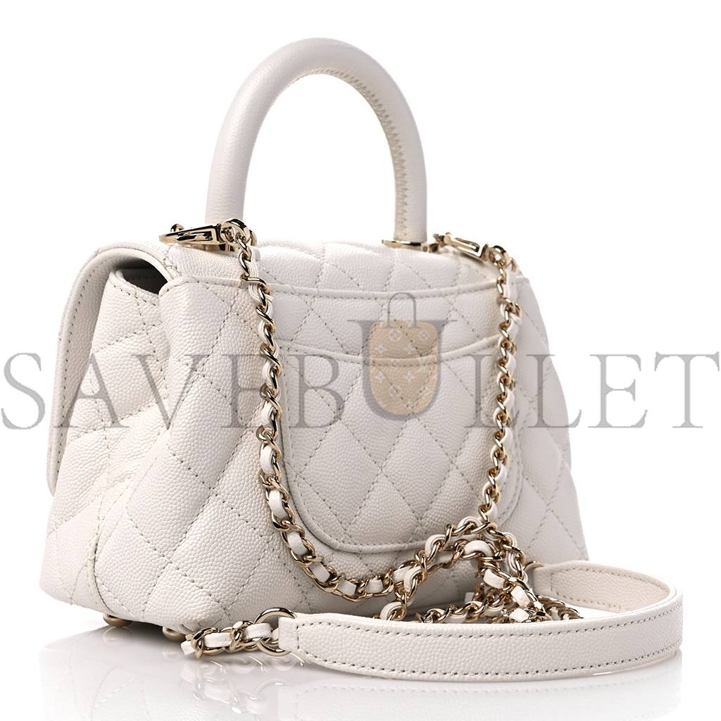 CHANEL CAVIAR QUILTED EXTRA MINI COCO HANDLE FLAP WHITE ROSE GOLD HARDWARE (18*12*9cm)