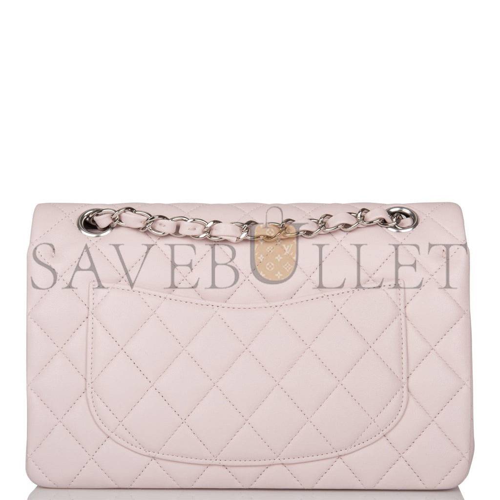 CHANEL SMALL CLASSIC DOUBLE FLAP BAG LIGHT PINK LAMBSKIN SILVER HARDWARE (23*13*6cm)