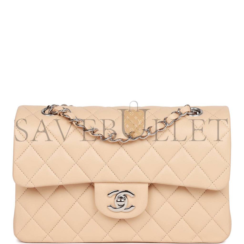 CHANEL SMALL CLASSIC DOUBLE FLAP BEIGE LAMBSKIN SILVER HARDWARE (23*13*6cm)