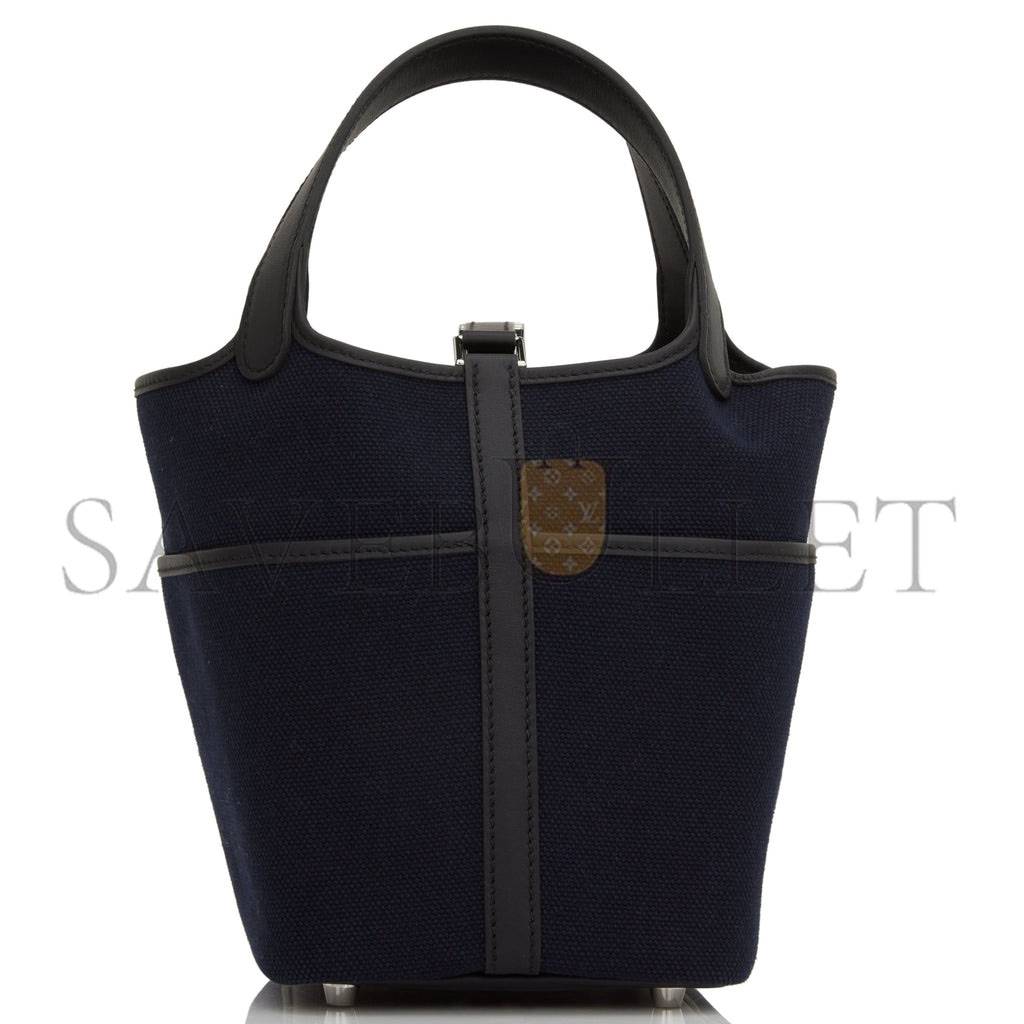 HERMES PICOTIN CARGO 18 BLEU MARINE AND BLACK SWIFT AND TOILE CANVAS PALLADIUM HARDWAR(18*13*18cm)