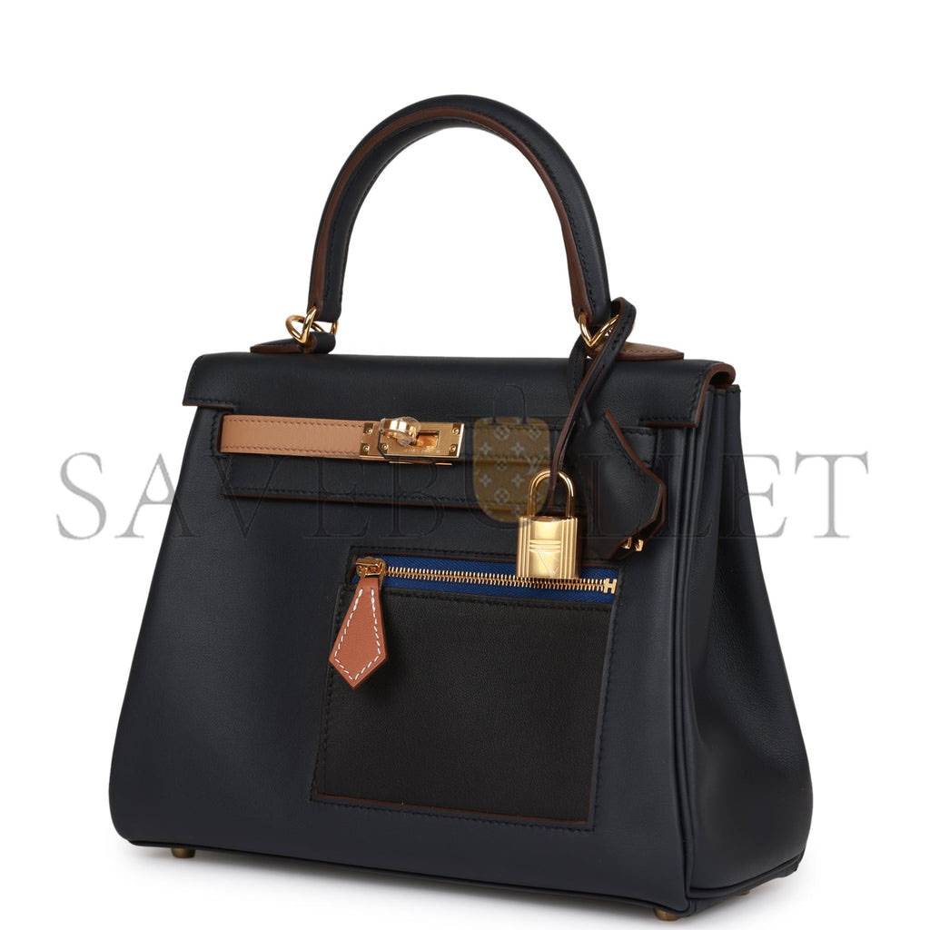 HERMES COLORMATIC KELLY RETOURNE 25 CABAN, BLACK AND CHAI SWIFT GOLD HARDWARE HANDMADE (25cm)