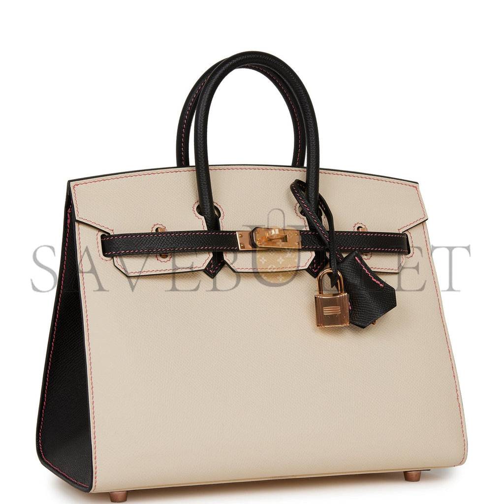 HERMES SPECIAL ORDER (HSS) BIRKIN SELLIER 25 NATA AND BLACK EPSOM ROSE GOLD HARDWARE (25cm)