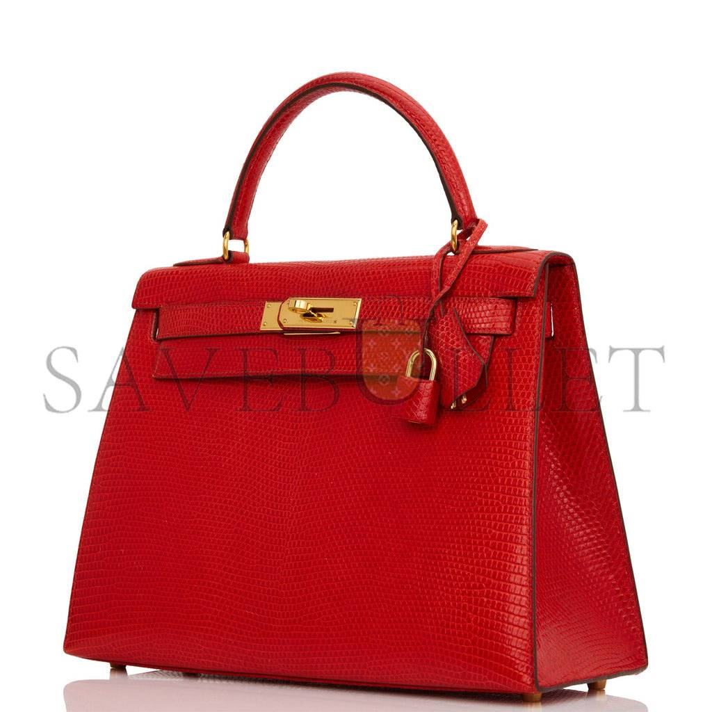 HERMES KELLY SELLIER 28 ROUGE VIF LIZARD NILOTICUS GOLD HARDWARE (28*22*10cm)