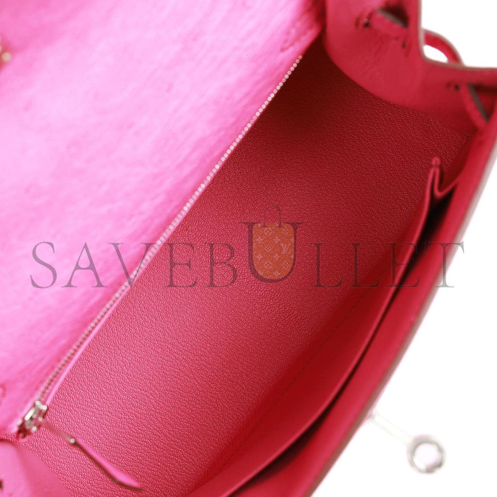 HERMES KELLY SELLIER 25 FUCHSIA OSTRICH PALLADIUM HARDWARE (25*17*7cm)