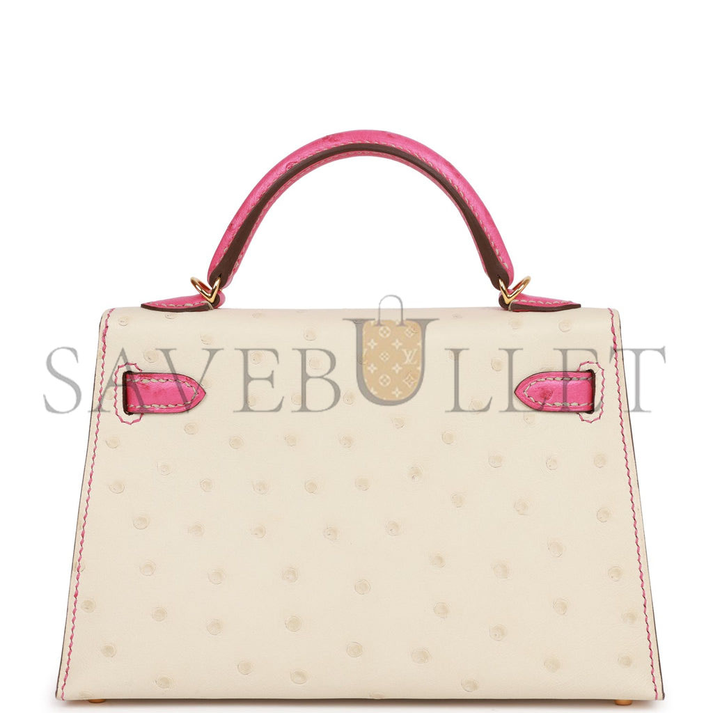 HERMES SPECIAL ORDER (HSS) KELLY MINI SELLIER 20 BETON AND ROSE TYRIEN OSTRICH GOLD HARDWARE (19*12*5.5cm)