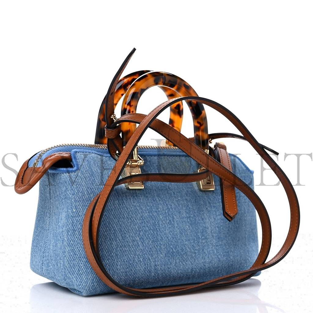 FENDI DENIM VITELLO KING PLEXIGLASS LOGO EMBROIDERED MINI BY THE WAY TOP HANDLE BOSTON BAG LIGHT BLUE (18*10*9cm)